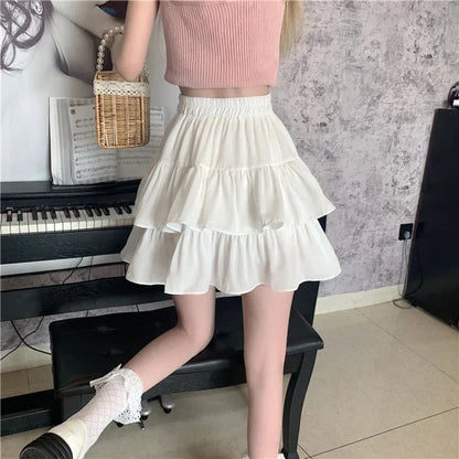 White Ruffles Mini Skirt Women Kawaii Elastic Waist A-line Loose Preppy Style Cute Short Pleated Skirt Korean Fashion