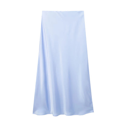 Willshela Women Fashion Satin Solid Pleated Midi Skirt Vintage Mid Elastic Waist Female Chic Lady Skirts