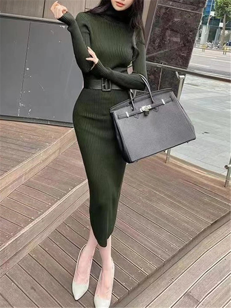 Seoulish Autumn Winter Turtleneck Women's Wrap Knitted Dresses with Belted Long Sleeve Sheath Knitwear Bodycon Dress Female 2023