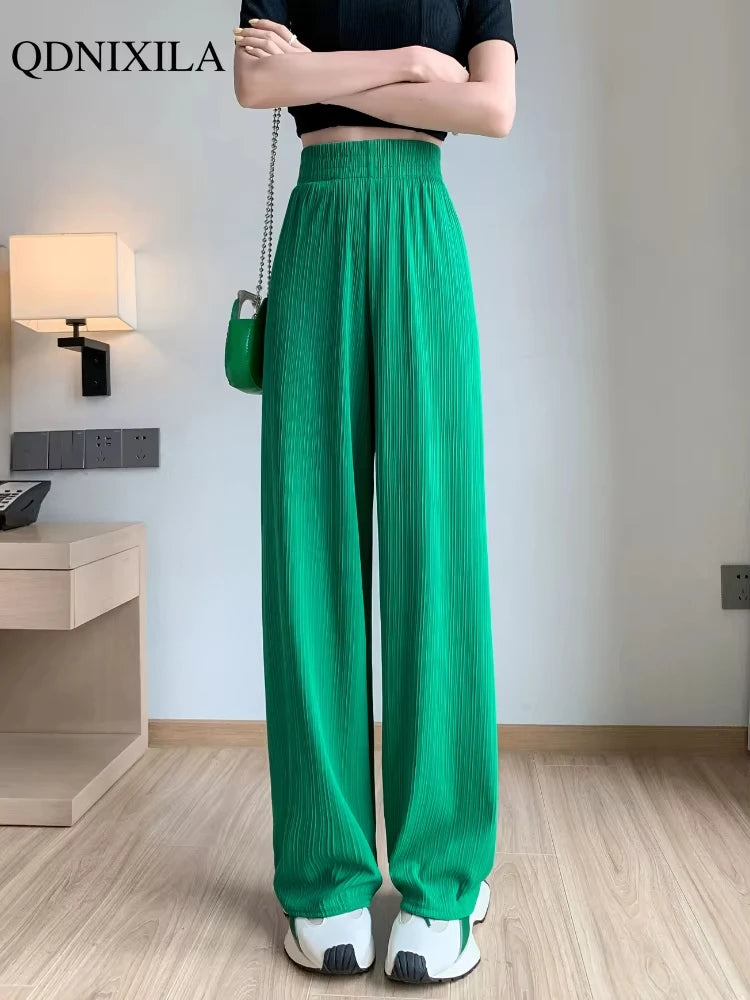 2024 Spring Summer Ice Silk Wide Leg Pants for Women Korean Thin Chiffon High Waist Saggy Loose Straight Casual Fashion Trousers