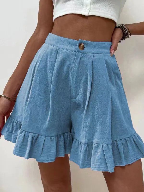 New Women's Shorts Loose Cotton Hemp Casual Shorts Button Zipper Solid Color Pocket High Waist Wide Leg Ruffle Edge Shorts