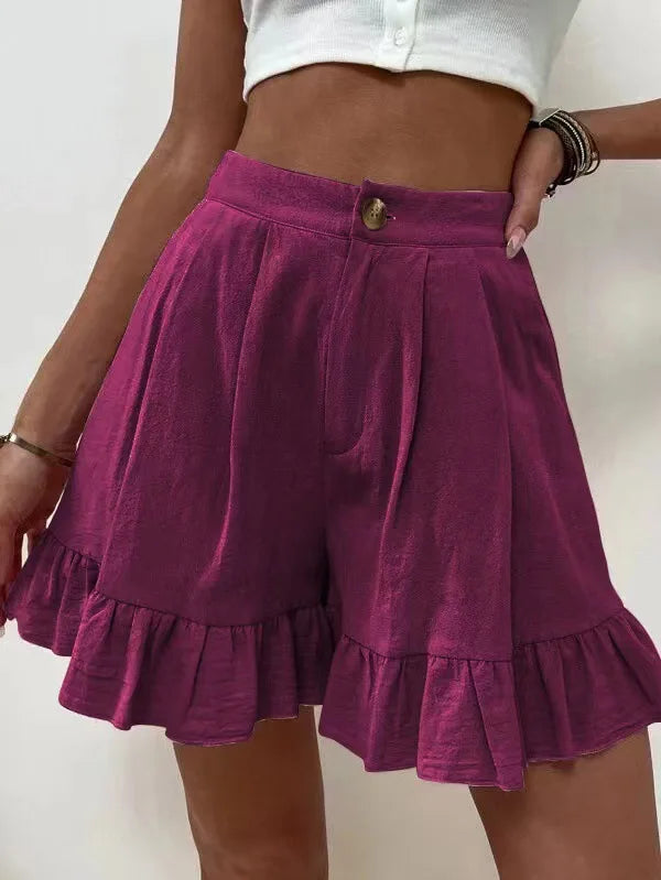 New Women's Shorts Loose Cotton Hemp Casual Shorts Button Zipper Solid Color Pocket High Waist Wide Leg Ruffle Edge Shorts