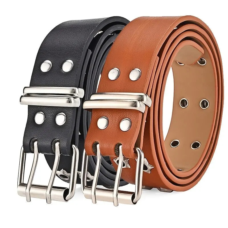 New Star Eye Rivet Belt Goth Style Double Pin Buckle Man/woman Fashion Casual Punk Style Pu Leather Waistband for Jeans Y2K Belt