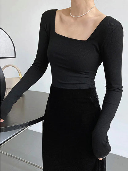 Long-sleeved square-neck t-shirt women's slim-fit exposed collarbone low-neck short top bottoming shirt