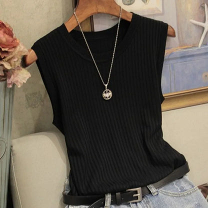 1pcs Summer New Fashion Knitted Vests O-neck Sleeveless Casual Thin Tops