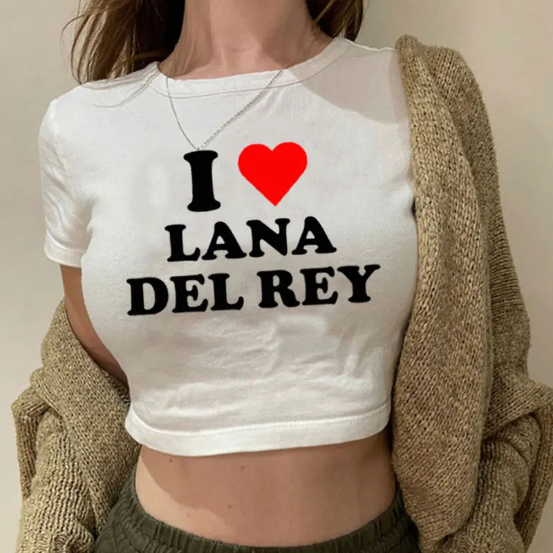 I Love Lana Del Rey Red Love Heart Women Cropped Tops 2000s Kawaii Clothes Cropped Navel Women Crop Tops Fashion T-Shirt