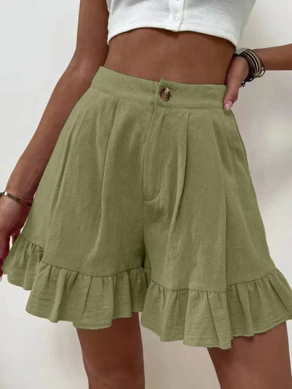 New Women's Shorts Loose Cotton Hemp Casual Shorts Button Zipper Solid Color Pocket High Waist Wide Leg Ruffle Edge Shorts