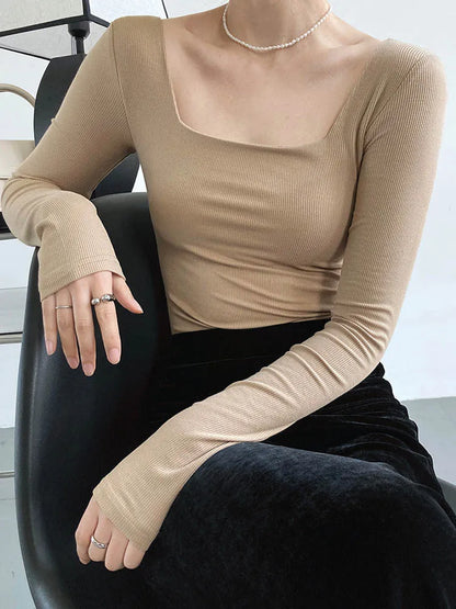 Long-sleeved square-neck t-shirt women's slim-fit exposed collarbone low-neck short top bottoming shirt