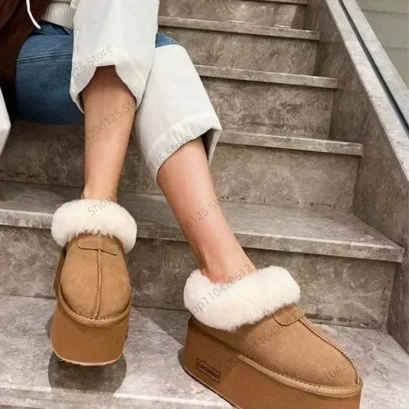 Platform Ankle Snow Boots Woman Fur Cotton Shoes High Heels Brand Suede Warm Plush Slippers Woman 2025 Trend Casual Botas Muejr