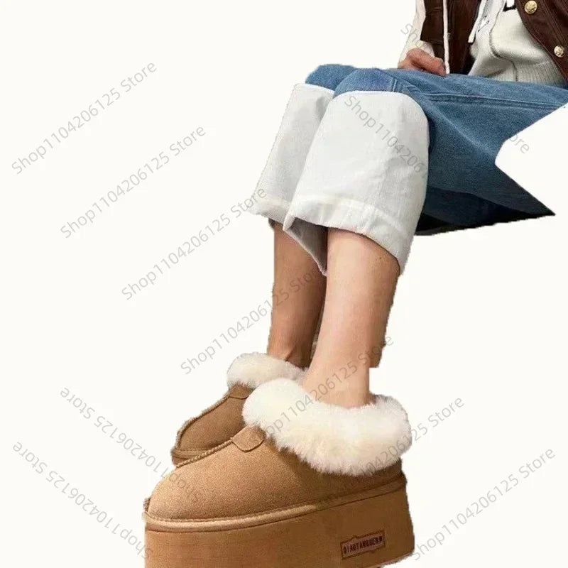 Platform Ankle Snow Boots Woman Fur Cotton Shoes High Heels Brand Suede Warm Plush Slippers Woman 2025 Trend Casual Botas Muejr