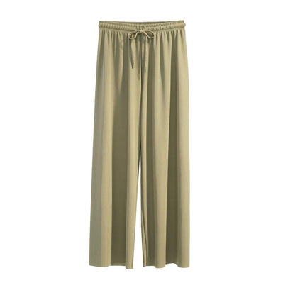 Women Ankle-Length Wide Leg Pants Casual Summer Solid Elastic Waist Loose Ice Silk Pants Spring Summer Female Trousers