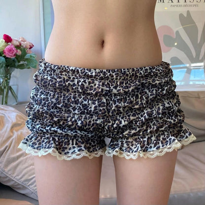 Leopard Print Ruffle Shorts 00s Retro Elastic Waist Short Pants Fairy Coquette Kawaii Lace Trim Ruched Knickers Women Bottom