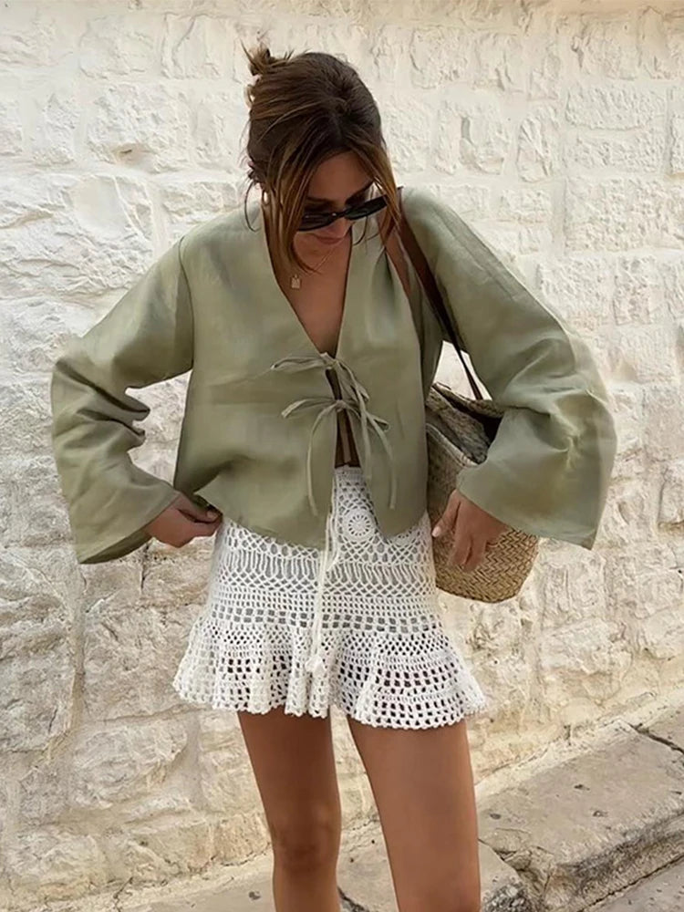 Linen Solid Lace Up Bow Shirts Women Casual Hollow Out V-neck Long Sleeve Blouses 2024 Spring Summer Fashion All-match Lady Tops