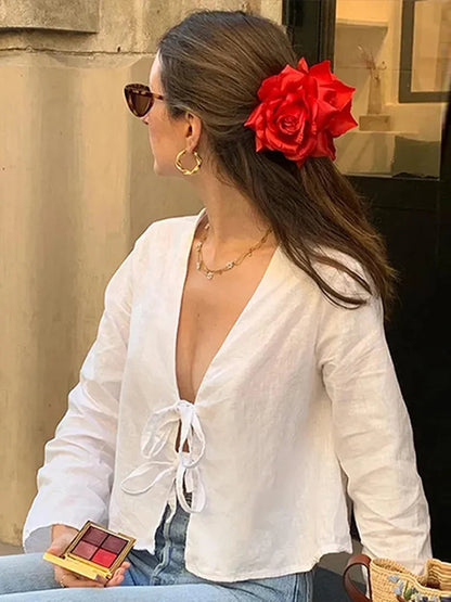 Elegant Bow Lace Up Shirt for Women Fashion V Neck Long Flare Sleeve Ladies Tops 2024 New Spring Female Loose Blouses Streetwear