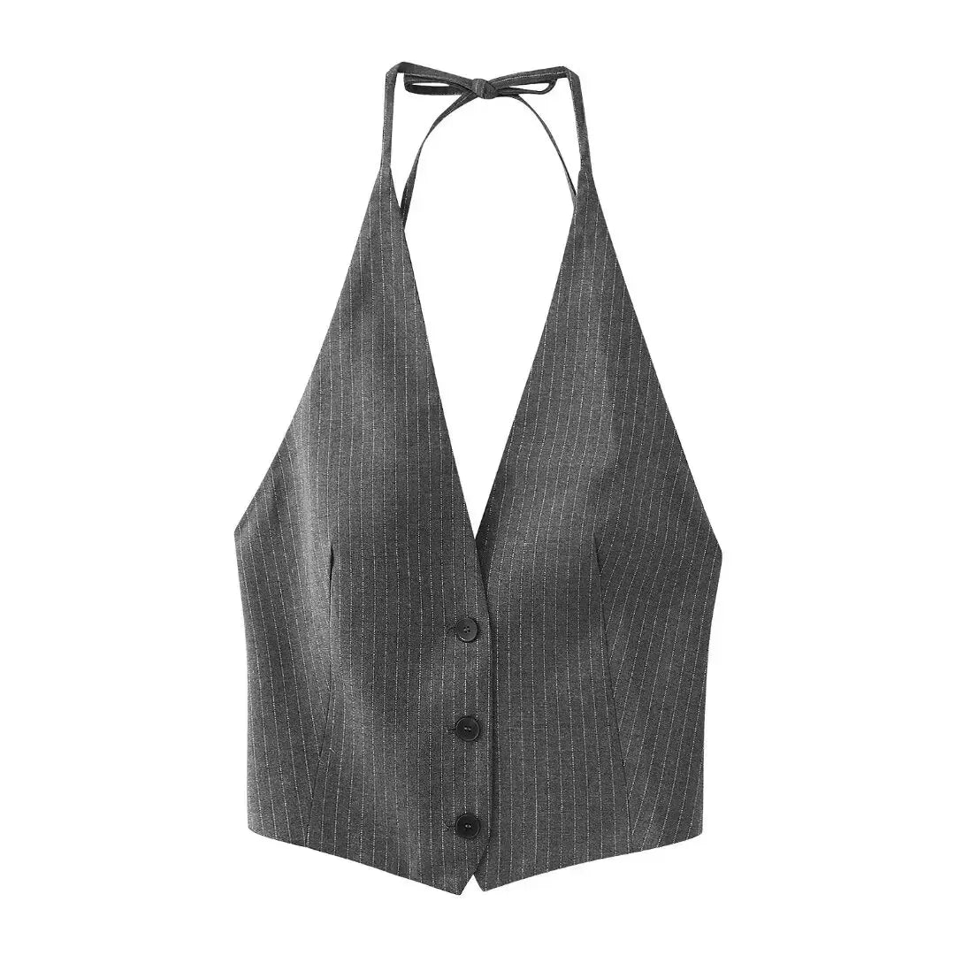 Women Fashion V Neck Single Breasted Striped Print Sleeveless Vest Female Backless Bow Tied Tops 4321