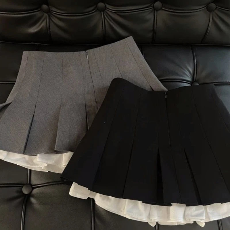 MEXZT Y2K Ruffles Black Mini Skirt Women Korean Patchwork Pleated Skirts Japanese Kawaii High Waist All Match A Line Skirt New