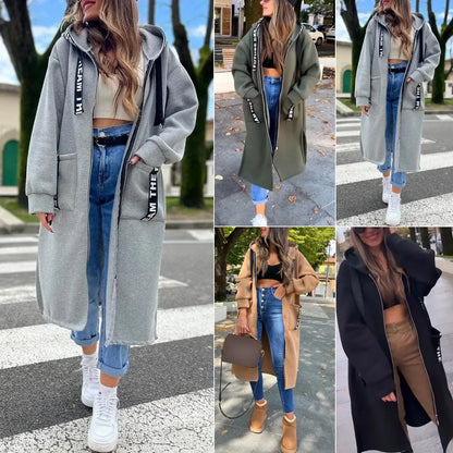 Cardigan Sweatshirt Women Hooded Long Coats Splice Casual Zipper Thick Coat Pocket Outwear Solid Jacket Autumn Winter 2024