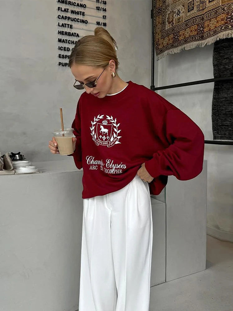 Ankra Red Printing Sweatshirt Women Pullover Letter O-neck Long Sleeve Tops Chic Ladies Casual Female Streetwear 2025 Spring