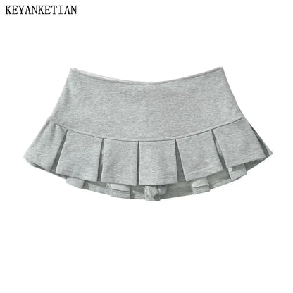 KEYANKETIAN New Women's Terry fabric Low waist Y2K Mini Skirt Wide pleat Decoration Light grey Flounce A Line Skort Hot sweet