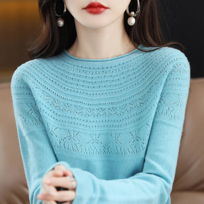 100% wool cashmere sweater women's sweater round neck hollow long sleeve pullover warm pullover in autumn and winter