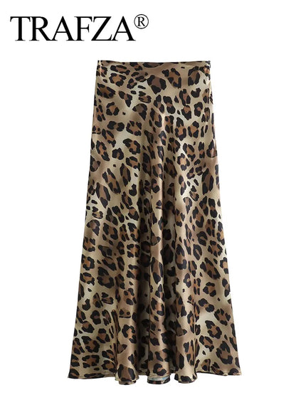 TRAFZA 2024 Women Fashion Leopard Print Skirt Vintage High Waist Midi Skirts Elegant Women Summer Casual Streetwear Skirt