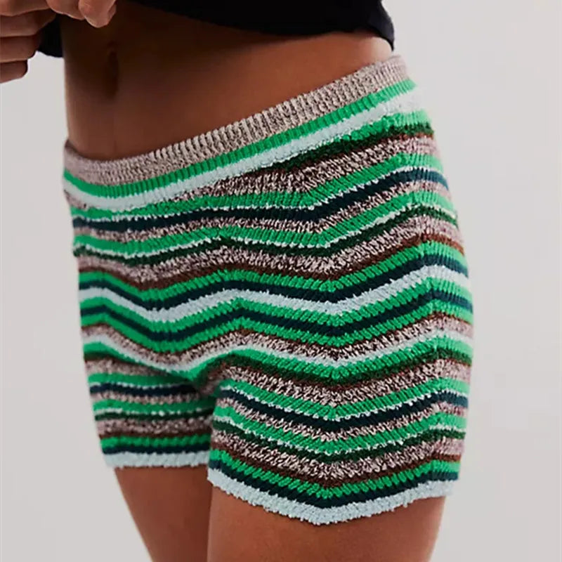 Women Y2k Striped Knitted Shorts Low Waist Color Block Lounge Shorts Strechy Going Out Micro Shorts Loungewear