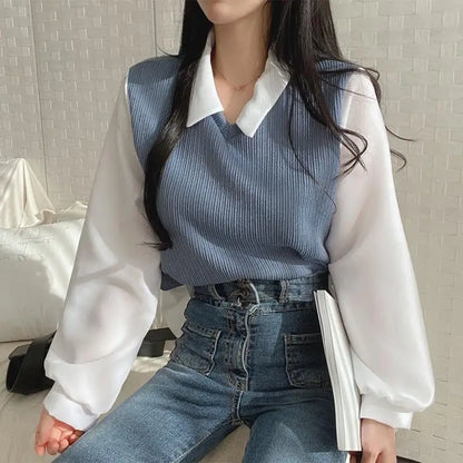 False Two-piece Polo Collar Women's Blouse Spring Casual Korean Shirt Y2k Tops Streetwear Loose Female Pullovers Elegant Blouses