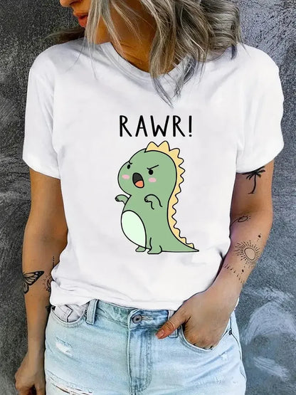 Cute Cartoon Dinosaur Print Cotton T-shirt Casual Crew Neck Short Sleeve Top For Spring & Summer Women's Clothing