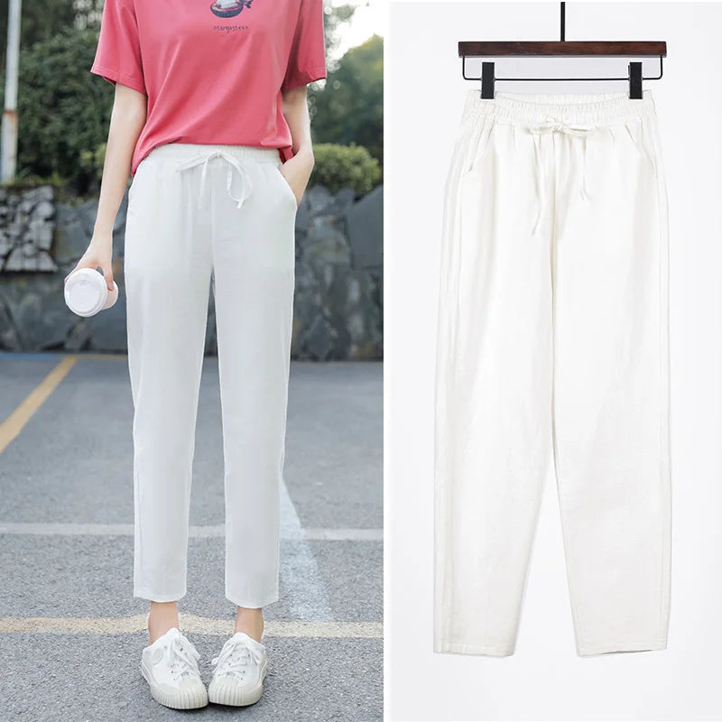 Womens Spring Summer Pants Cotton Linen Solid Elastic waist Candy Colors Harem Trousers Casual Female Pants