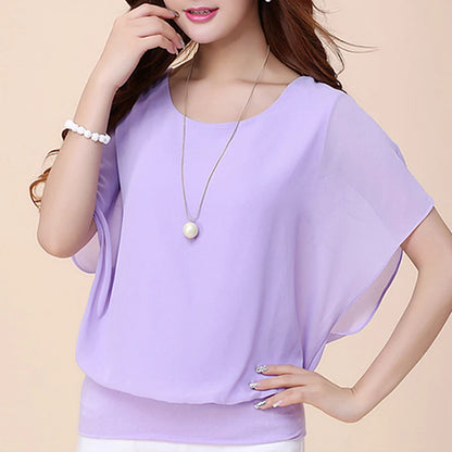 Chiffon Blouse Women Top Solid Color O Neck Loose Pullover Batwing Sleeve Ruffle Shirts Blouse Women'S Clothing Casual Summertop