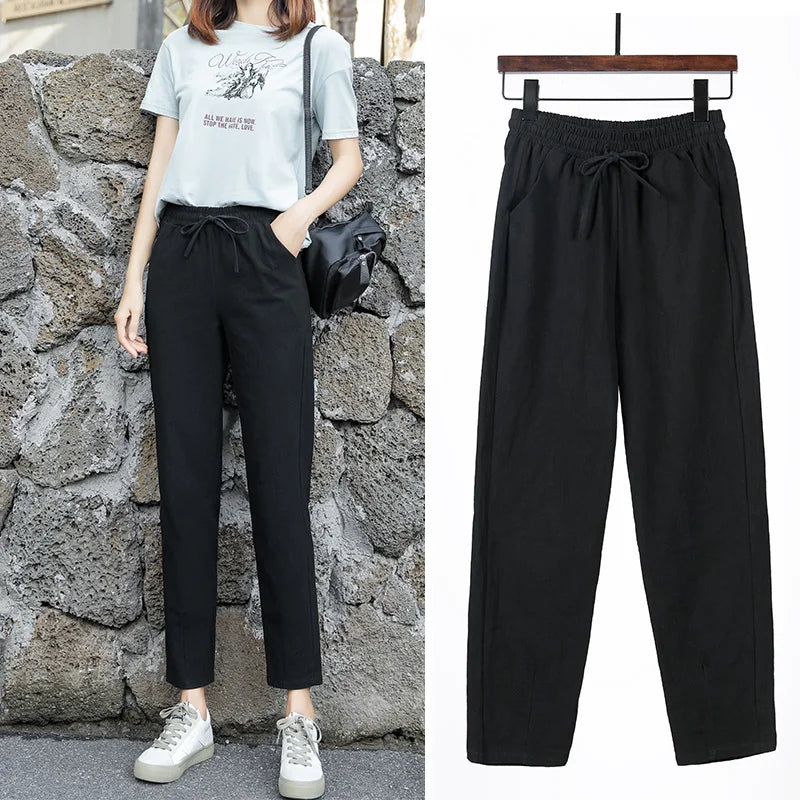 Womens Spring Summer Pants Cotton Linen Solid Elastic waist Candy Colors Harem Trousers Casual Female Pants