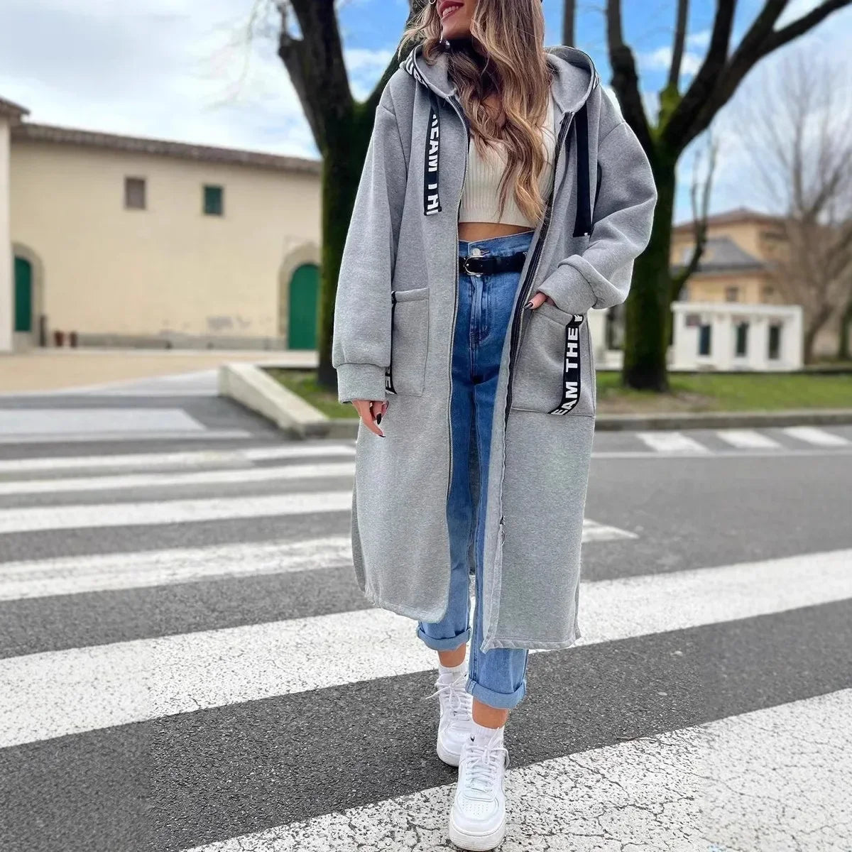 Cardigan Sweatshirt Women Hooded Long Coats Splice Casual Zipper Thick Coat Pocket Outwear Solid Jacket Autumn Winter 2024