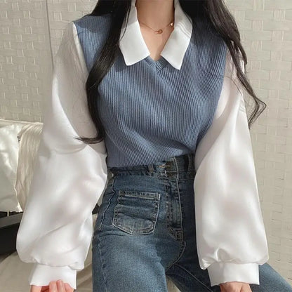 False Two-piece Polo Collar Women's Blouse Spring Casual Korean Shirt Y2k Tops Streetwear Loose Female Pullovers Elegant Blouses