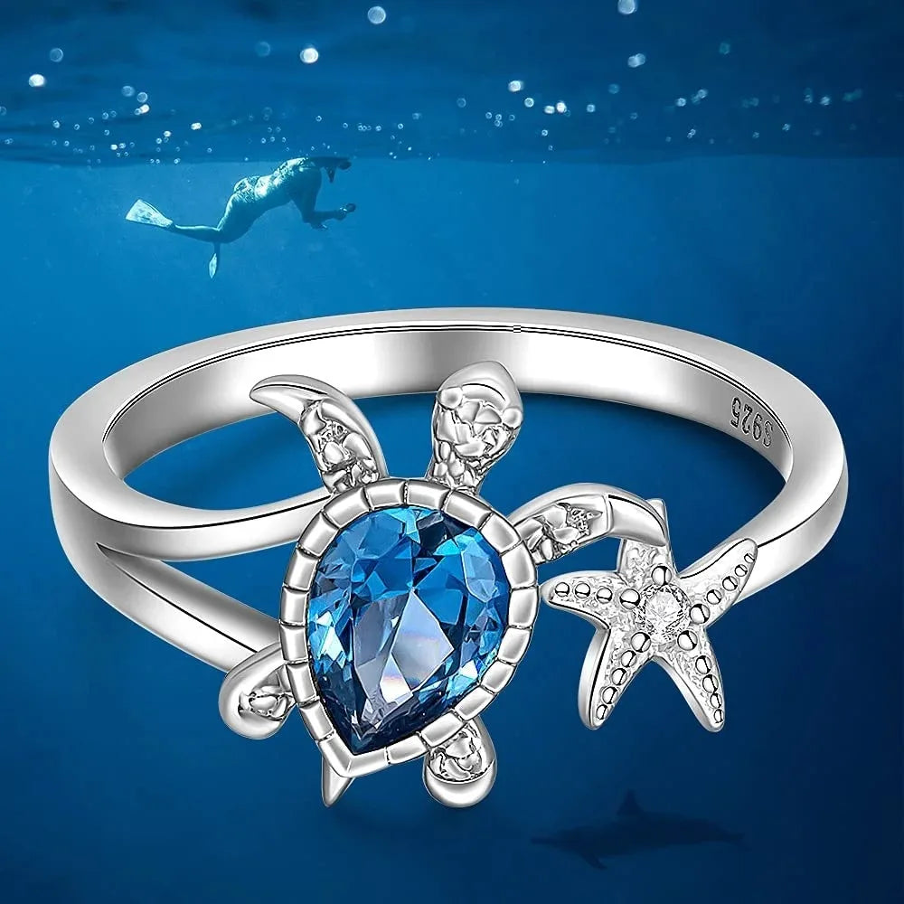 New Simple Niche Sea Turtle Starfish Ring Women's Blue Topaz Cute Ocean Animal Square Crystal Zircon Ring Party Gift Accessories