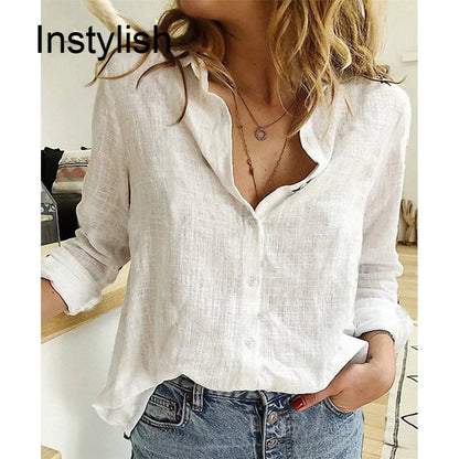 Women Casual Long Sleeve Cotton Linen Loose Shirt Elegant Solid Harajuku Lapel Blouse Vintage Oversize Tops Y2K Streetwear Tunic