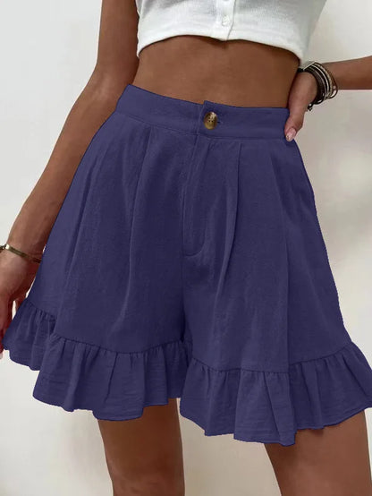 New Women's Shorts Loose Cotton Hemp Casual Shorts Button Zipper Solid Color Pocket High Waist Wide Leg Ruffle Edge Shorts