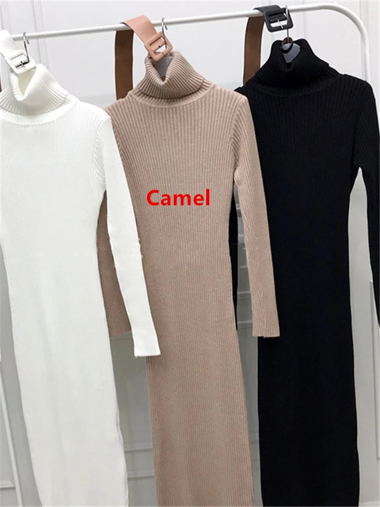 Seoulish Autumn Winter Turtleneck Women's Wrap Knitted Dresses with Belted Long Sleeve Sheath Knitwear Bodycon Dress Female 2023