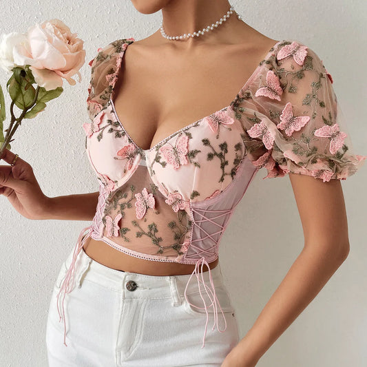 Yimunancy Puff Sleeve Crop Top Women Short Sleeve Mesh Patchwork Boho Spring Floral V Neck Tops