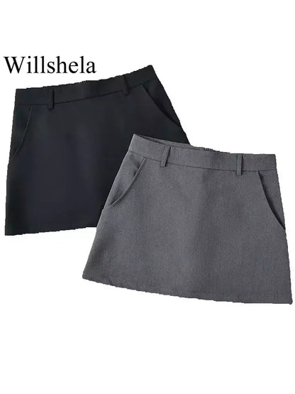 Willshela Women Fashion Solid Back Zipper A-Line Mini Skirt Vintage High Waist Female Chic Lady Skirts