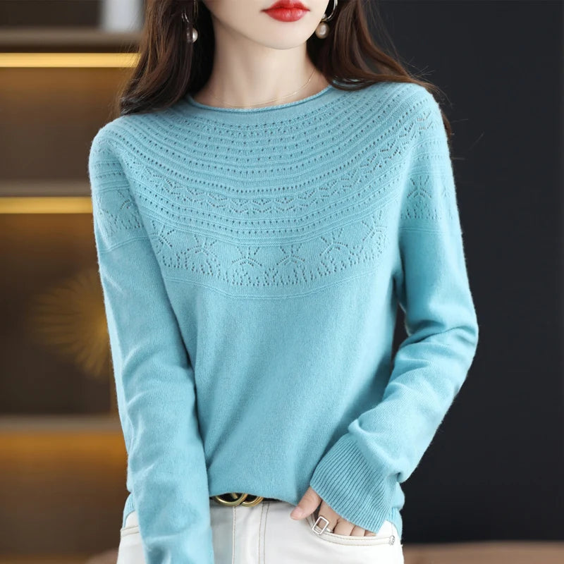 100% wool cashmere sweater women's sweater round neck hollow long sleeve pullover warm pullover in autumn and winter