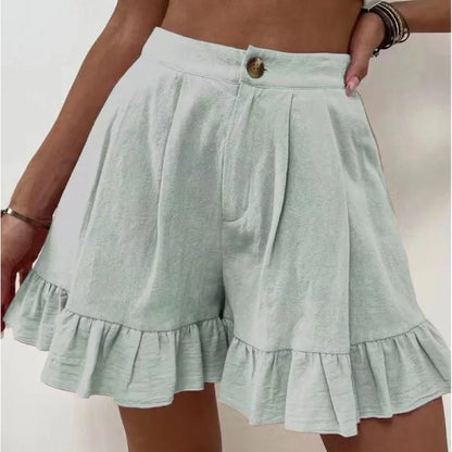 New Women's Shorts Loose Cotton Hemp Casual Shorts Button Zipper Solid Color Pocket High Waist Wide Leg Ruffle Edge Shorts