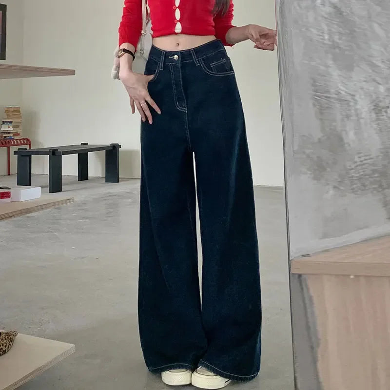 High-Waisted Loose-Fit Casual Jeans Women's American Style Breadth Blue Wide-Leg Trousers Draped Meat-Covering Leggings