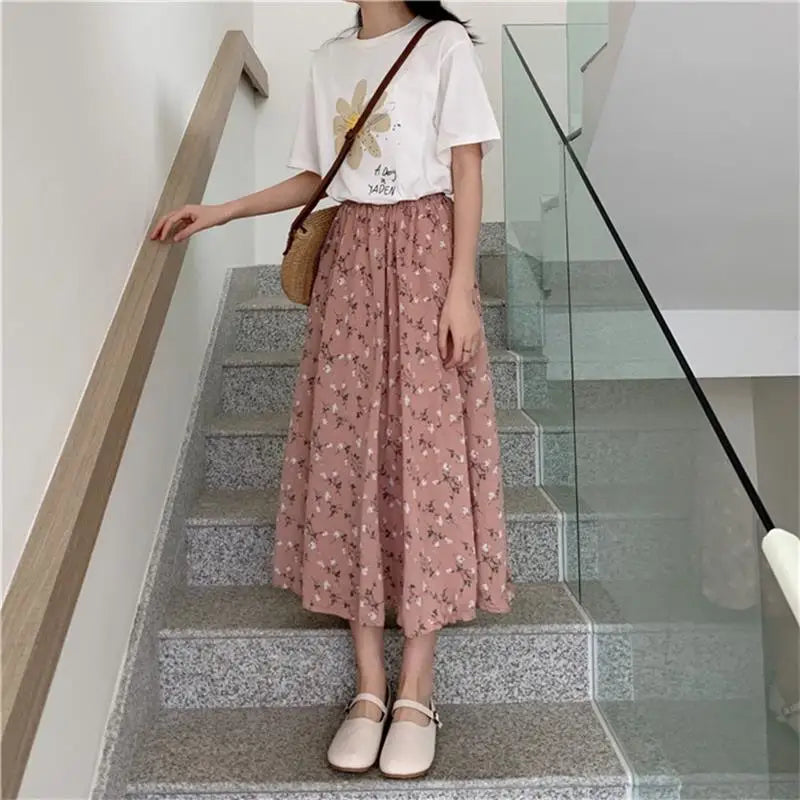 Vintage Floral Print A-line Pleated Long Skirts Summer Women 2024 Korean Skirt Streetwear Drawstring Elastic Waist Midi Skirt