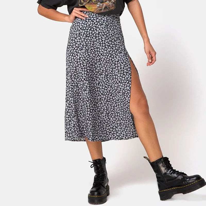 Jocoo Jolee Elegant Leopard Floral Printing Long Skirt Women Sexy High Waist Split Midi Skirts Office Lady Bodycon A Line Skirts