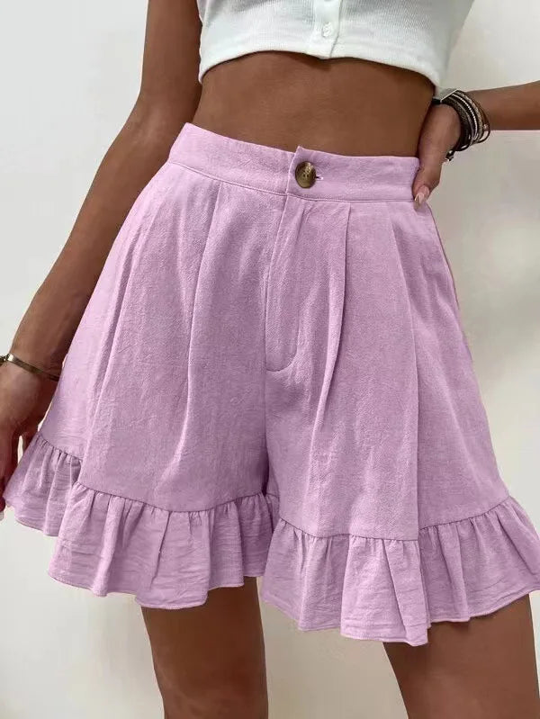 New Women's Shorts Loose Cotton Hemp Casual Shorts Button Zipper Solid Color Pocket High Waist Wide Leg Ruffle Edge Shorts