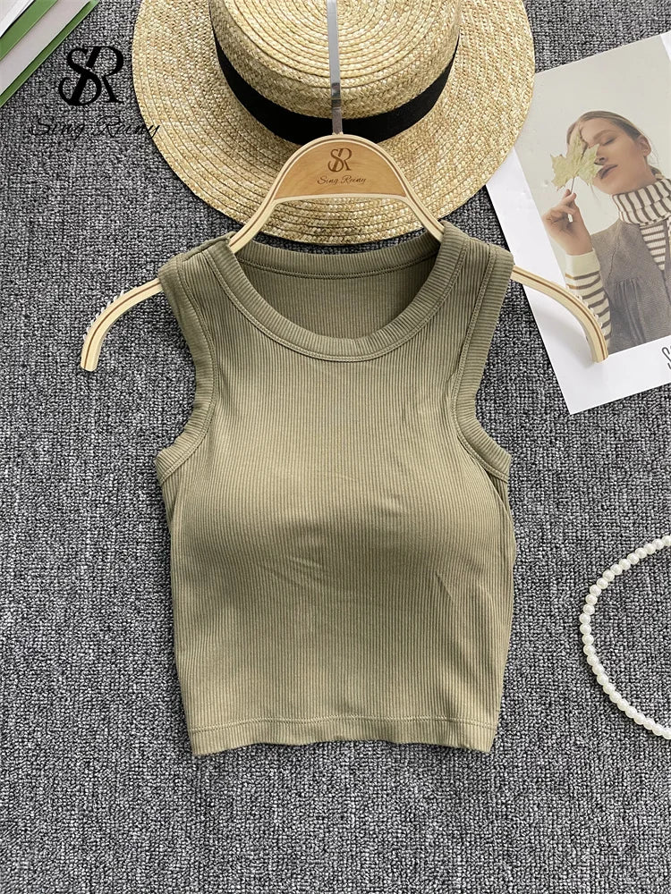 SINGREINY Sleeveless Knit Top Women Backless Korean Bra O Neck Solid Elastic Waist Ladies Elegant Fashion Casual Crop Top