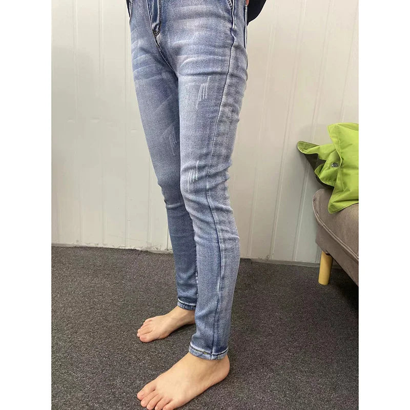 Women Thermal Jeans Winter Snow Warm Plush Stretch Jeans Lady Skinny Thicken Fleece Denim Long Pants Retro Blue Pencil Trousers