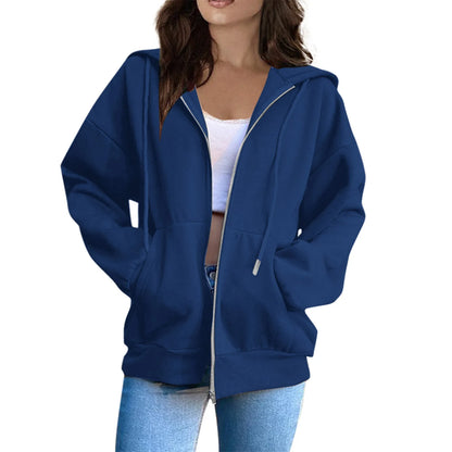 Women's Casual Fashion Solid Color Long Sleeved Zippered Hooded Sweatshirt