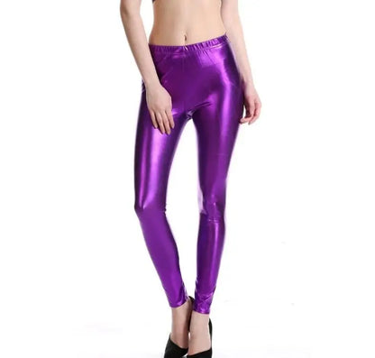 Wendywu New Hot Women Sexy Stretch Solid Silver Leather Ankle-Length Bodycon Leggings