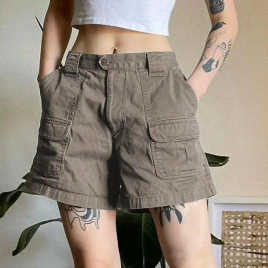 2024 Fashion Women Vintage Elastic Cargo Shorts Summer Casual Solid short overalls pants with Pockets for Nightclub Streetwear